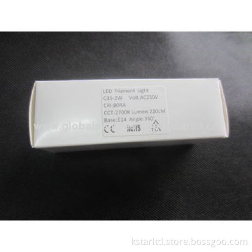 LED filament bulb C35, 2W, glass cover, E14 base, 220-240V or 110V-130V AC, CE and RoHS
